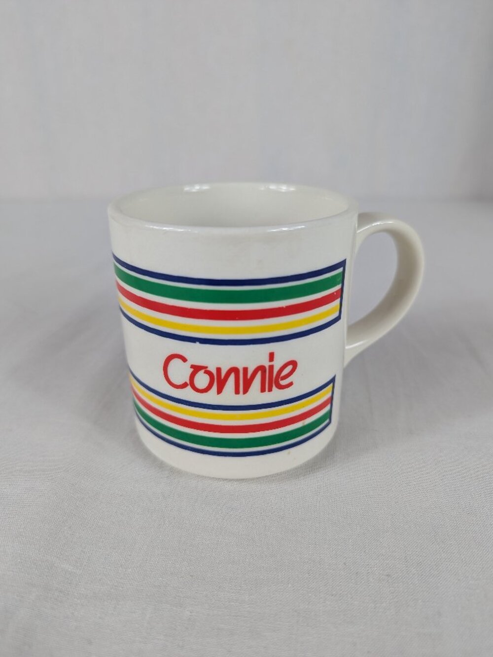 Connie Coffee Mug White Ceramic Rainbow Stripes Mt Clemens Pottery Vintage Retro
